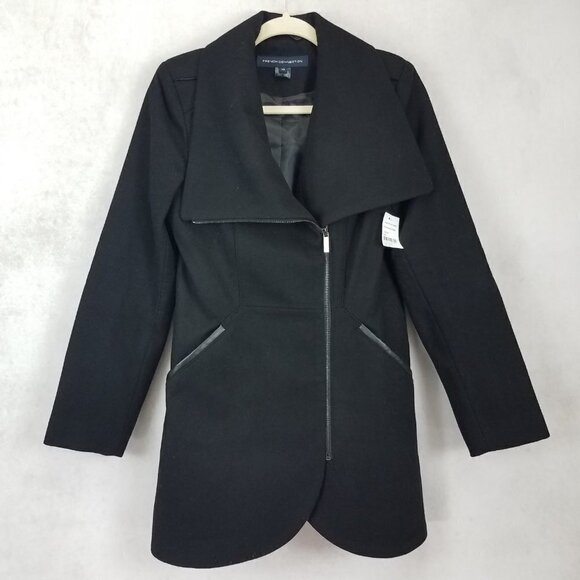 NEW French Connection Size XS Asymmetrical Zipper Tulip Hem Wool Coat in Black - Picture 2 of 12